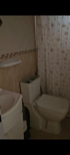 a bathroom with a white toilet and a sink at Cabañas en monte autóctono con pileta in San Marcos Sierras
