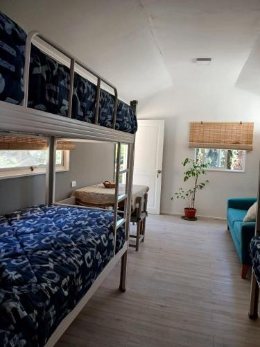 a bedroom with two bunk beds and a living room at Cabañas Selva Negra in Valparaíso