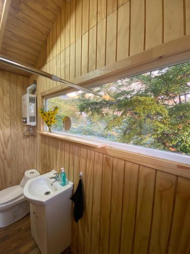 a bathroom with a sink and a window at Cabaña Caiquen in Villa Cerro Castillo