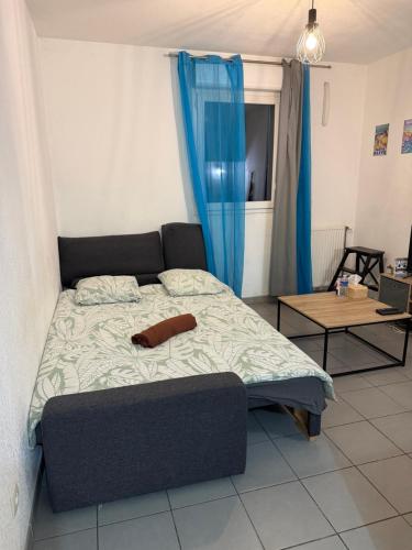 ein Schlafzimmer mit einem Bett mit blauem Vorhang in der Unterkunft Studio centre ville in Marseille