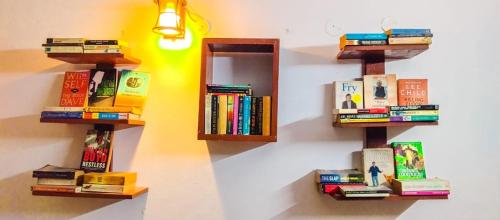 a group of books on a wall with a mirror at Indraprastha BNB Home in New Delhi