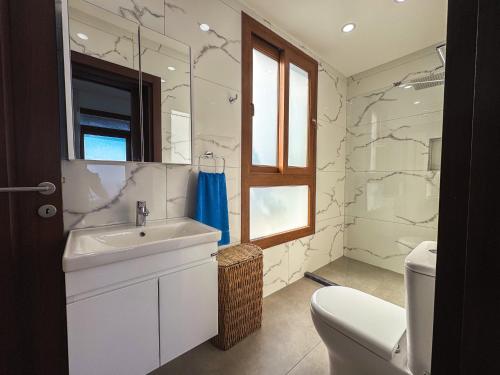 a bathroom with a sink and a toilet and a mirror at Villa Sea Cliff 1 in Kyrenia