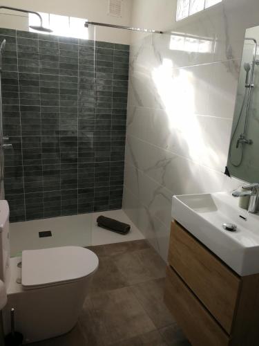 a bathroom with a toilet and a sink and a mirror at 25 Atardeceres in El Paso