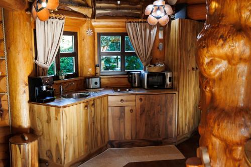 a kitchen in a log cabin with a sink and microwave at Village Cottage - Koča na vasi in Nazarje