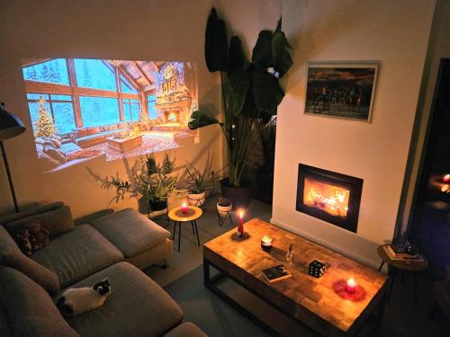 a living room with a couch and a fireplace at Black Walnut House with indoor outdoor fireplace in Izvoarele