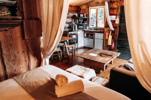 a living room with a bed and a kitchen at Les Cabanes Du Saleve in Collonges-sous-Salève