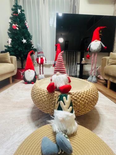 a group of gnomes sitting around a table in a living room at MOMO Garden in Tokyo