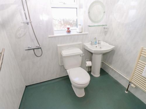 a white bathroom with a toilet and a sink at Mains Cottage in Consett