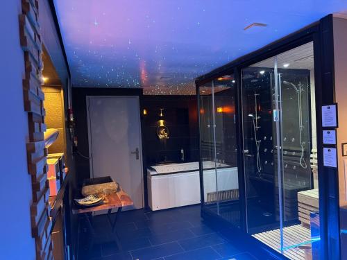 a view of a bathroom with a shower in a room at Apartment - Jacuzzi - Sauna in Voiron