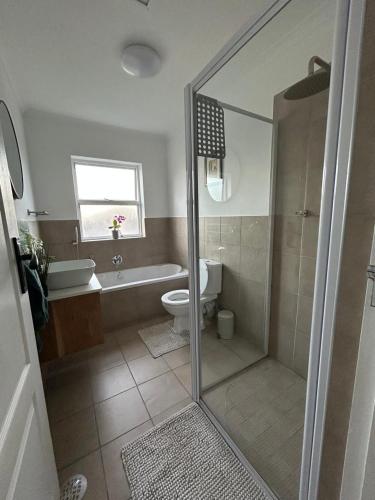 a bathroom with a shower and a toilet and a sink at Serenity Green House near Constantia Winelands in Square Hill