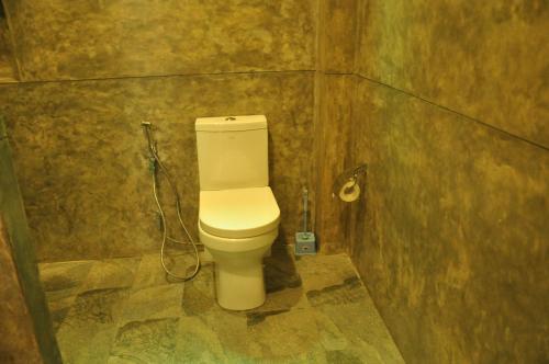 a bathroom with a toilet in a stone wall at Green Villa Unawatuna in Unawatuna