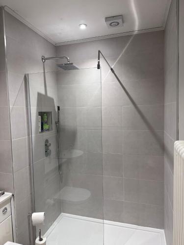 a shower with a glass door in a bathroom at Cosy Corner in Midhurst