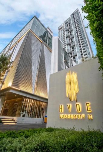 a building with the hyde university sign in front of it at Stylish Luxury 1 Bedroom, Hyde Sukhumvit 11, Near BTS Nana & Asok in Bangkok