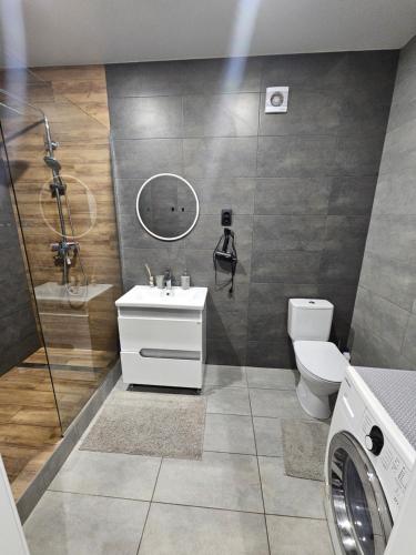 a bathroom with a toilet and a sink and a washing machine at Сучасна квартира в новобудові біля луцького кільця in Rivne