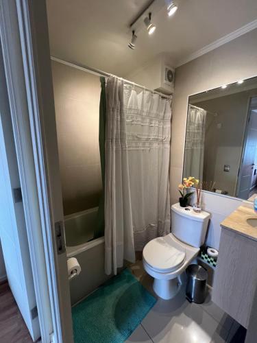 e bagno con servizi igienici bianchi e doccia. di Departamento en Centro de Temuco a Temuco