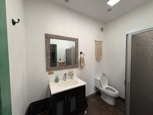 a bathroom with a sink and a toilet and a mirror at Boho luz terrace in San Miguel de Allende