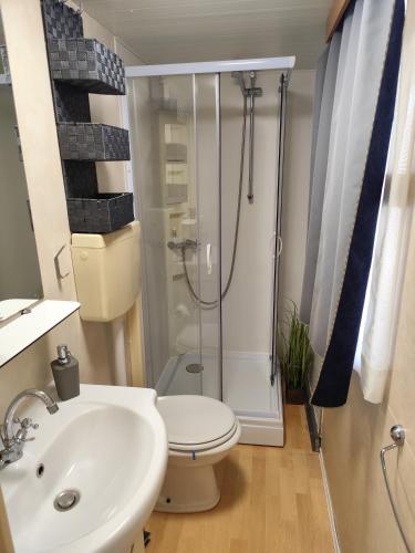 a bathroom with a shower and a toilet and a sink at Veni Mobilház in Privlaka
