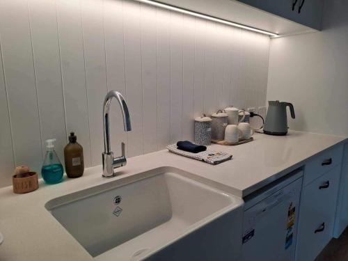 a kitchen counter with a sink in a kitchen at The woolshed - Oruanui in Oruanui
