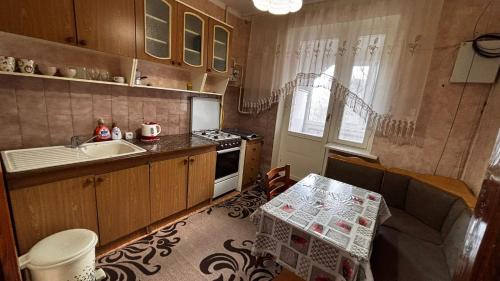 a small kitchen with a table and a sink at Hostel Apartament in Orhei