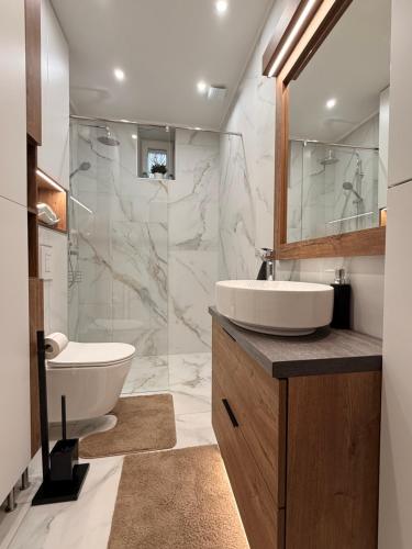 a bathroom with a sink and a toilet and a mirror at CasaBruno Vendégház Celldömölk in Celldömölk