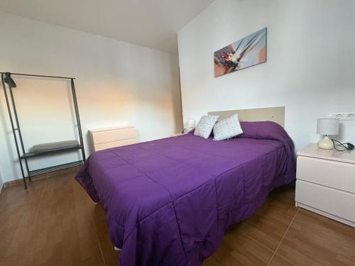 1 dormitorio con cama morada y espejo en Casa Rural Antikaria, en Antequera