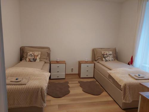 a bedroom with two beds and a wooden floor at Sandra in Leoben