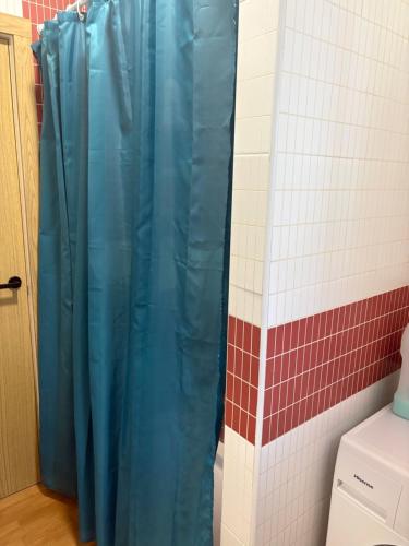 Una ducha con una cortina de ducha azul en un baño. en Casa Rural Antikaria, en Antequera