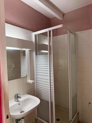 a bathroom with a sink and a shower at Le Joyeux 