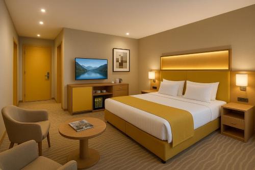 Ένα ή περισσότερα κρεβάτια σε δωμάτιο στο Khatai Deluxe Hotel