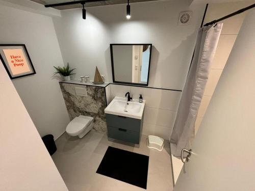 a bathroom with a sink and a toilet and a mirror at Family Beach Appartement Laboe in Laboe