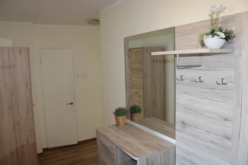 a room with a wooden wall with a mirror at Ezerkrasta Apartment in Liepāja