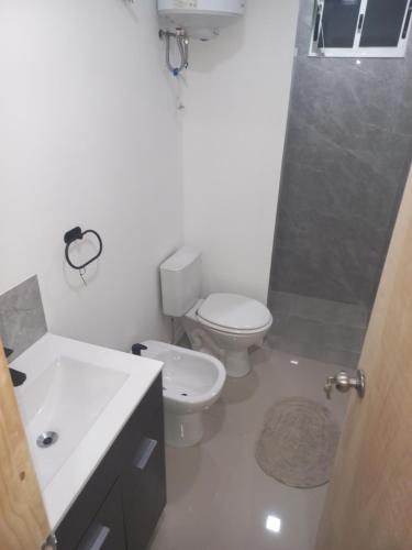 een badkamer met een toilet, een wastafel en een douche bij ChicPDD in Punta Del Diablo