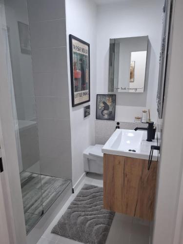 a white bathroom with a sink and a shower at Klimatizovaný Apartmán - Hodo in Rimavská Sobota
