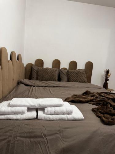 a bed with two towels on top of it at Cozy Central Studio in Petroşani