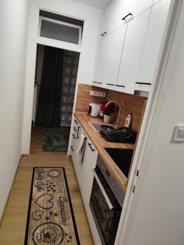 a kitchen with white cabinets and a kitchen rug at Tímea Apartman Pécs in Pécs