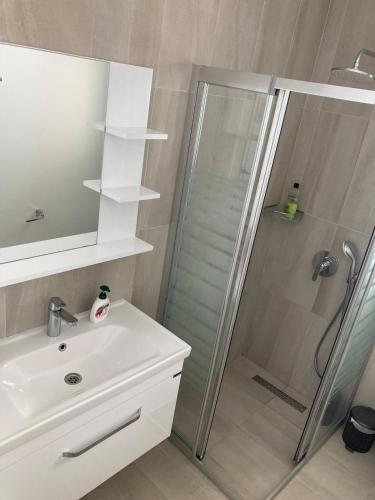 a bathroom with a shower and a sink at Hotel apartment studio in Dherinia