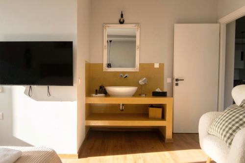 a bathroom with a sink and a mirror and a tv at Elysian Villa by Ski Alure in Arachova
