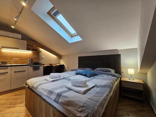a bedroom with a large bed with towels on it at Ivi Central Apartments in Novi Sad