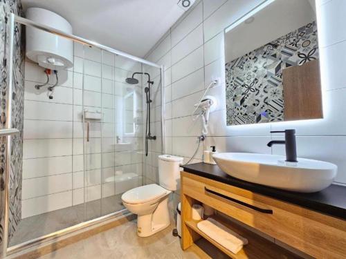 a bathroom with a sink and a toilet and a shower at Ivi Central Apartments in Novi Sad