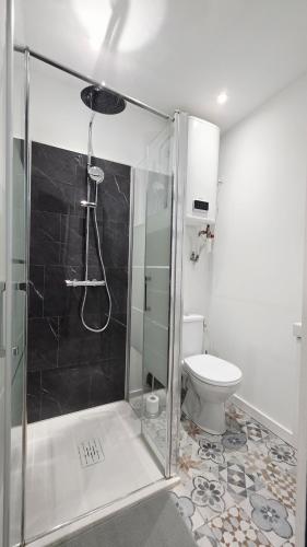 a bathroom with a shower and a toilet at Suite Indigo - Centre Ville in Dunkerque
