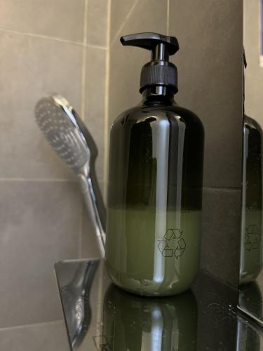 a bottle of soap on a counter with a brush at Guesthouse Eekhoorn 16 in Kasterlee