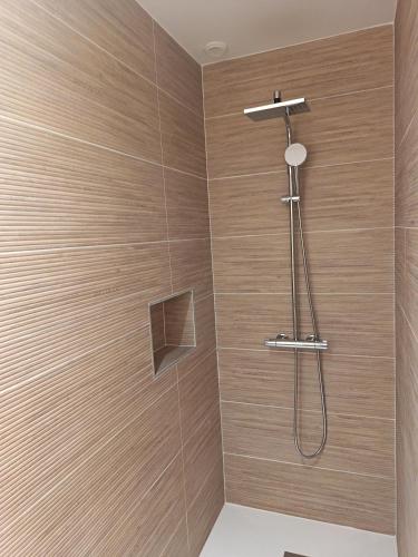 a bathroom with a shower with wooden walls at Corps de ferme restauré proche Barbizon in Saint-Martin-en-Bière