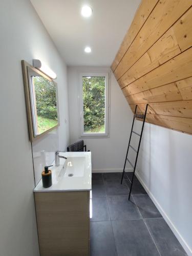 a bathroom with a sink and a wooden ceiling at Chalet Mustang Vallée in Laruns