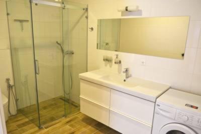 ein Bad mit einem Waschbecken und einer Glasdusche in der Unterkunft Bad Ischl area Holiday Apartment in Bad Ischl