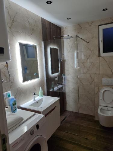 a bathroom with a sink and a shower and a toilet at A&H Pliva Retreat in Jajce