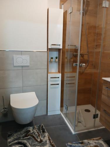 een badkamer met een douche, een toilet en een wastafel bij ModernesMiniZimmer-Stadtnah-SelfCheckIn-Parkplatz in Neurenberg