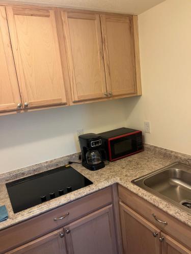 Cozy private room and kitchen في Princeton: طاولة مطبخ مع ميكروويف ومغسلة