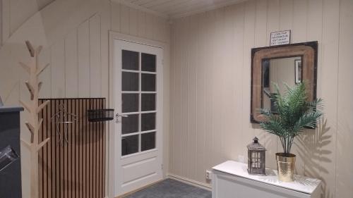 een badkamer met een spiegel en een plant op een aanrecht bij Skap Opplevelser! in Svingvoll