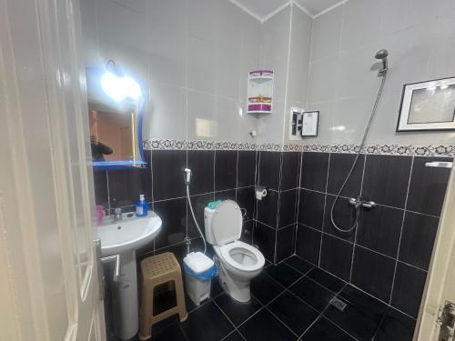 Un baño con un inodoro blanco y un lavabo. en appartement luxe, en Berkane