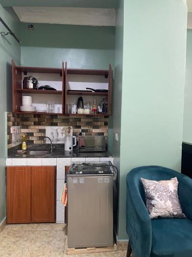 Il comprend une cuisine équipée d'une cuisinière et d'un canapé bleu. dans l'établissement Hella home, à Kampala